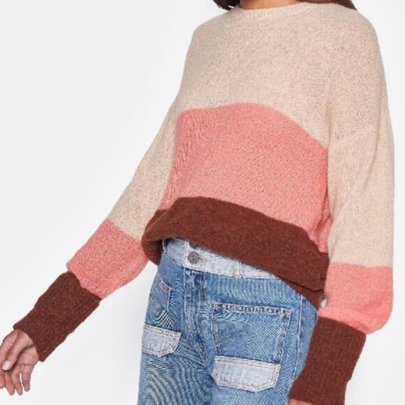 Joie Wool Colorblock Sweater Crew Neck Oversized Tan Brown Pink Fall Winter L - Picture 6 of 14